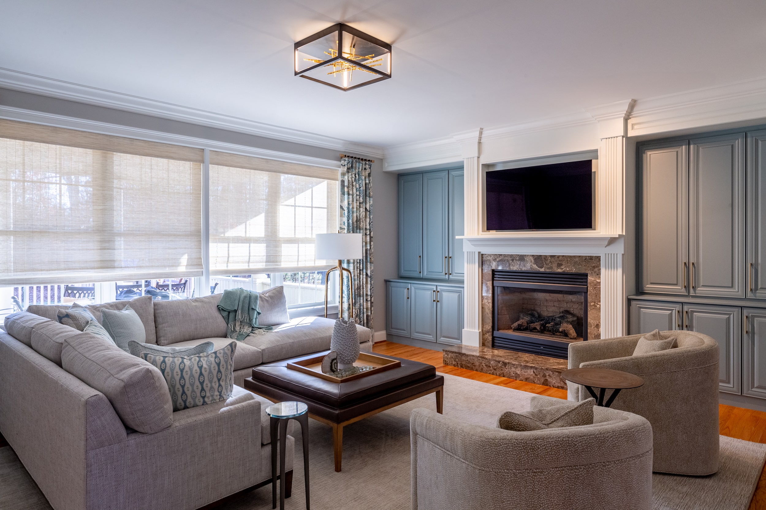 A beautifully comfortable family room created with interior design expertise